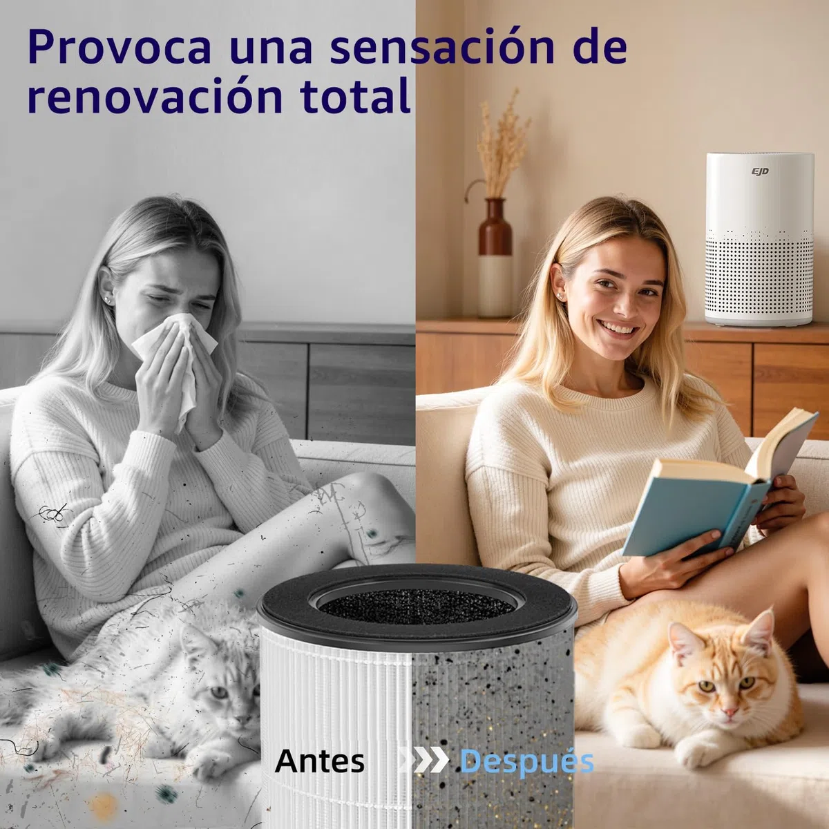 Purificador de aire EJD H13 True HEPA para hogar y dormitorio | Modo de suspensión de 12 dB, control de velocidad, temporizador, para olores, polvo, humo y polen