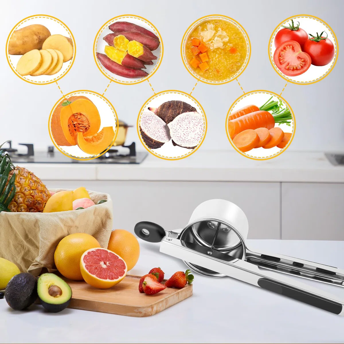 Prensa de patatas TOSAVGA, prensa de espaguetis de acero inoxidable, prensa de helados de espaguetis con 4 tamices intercambiables, exprimidor de helados de espaguetis