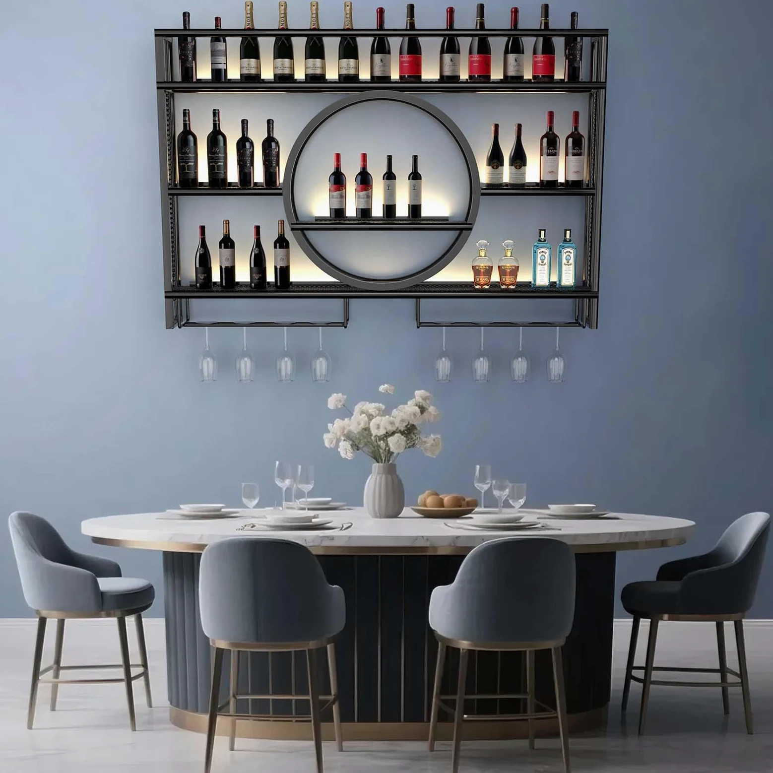 Estantería industrial para vino montada en la pared, soporte flotante para exhibición de vino con LED y rayas de sombreado, estantería multifuncional para el hogar, restaurante, bares (Black, 120CM)