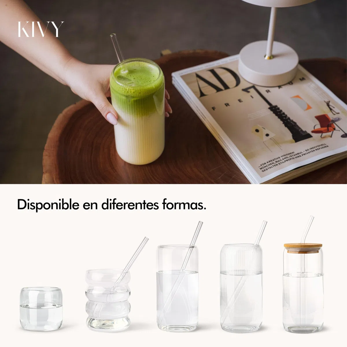 KIVY Set de Vasos de Cristal con Pajita y Tapa de Bambú [4x 450ml] - Vasos de Agua, Café & Matcha - Set de Vasos Longdrink - Vaso Café - Vasos Altos para Cóctel - Sin BPA