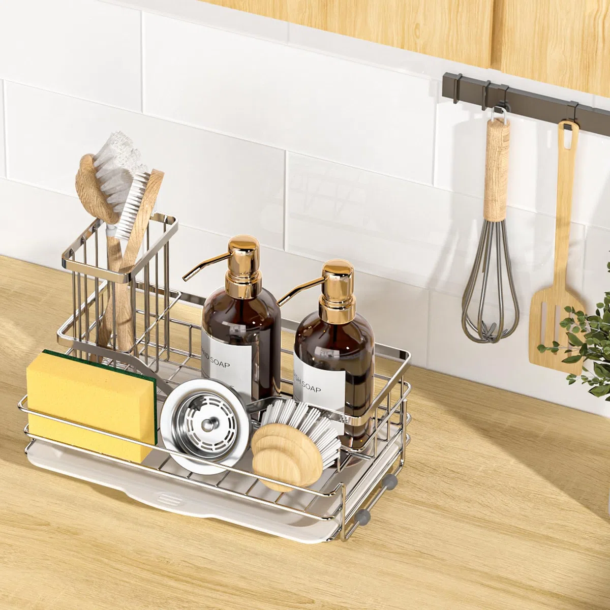 VANZAVANZU Organizador de fregadero de cocina de acero inoxidable 304, soporte de esponja de gran capacidad para cocina, soporte de cepillo extraíble, bandeja de drenaje y base de goma antideslizante,