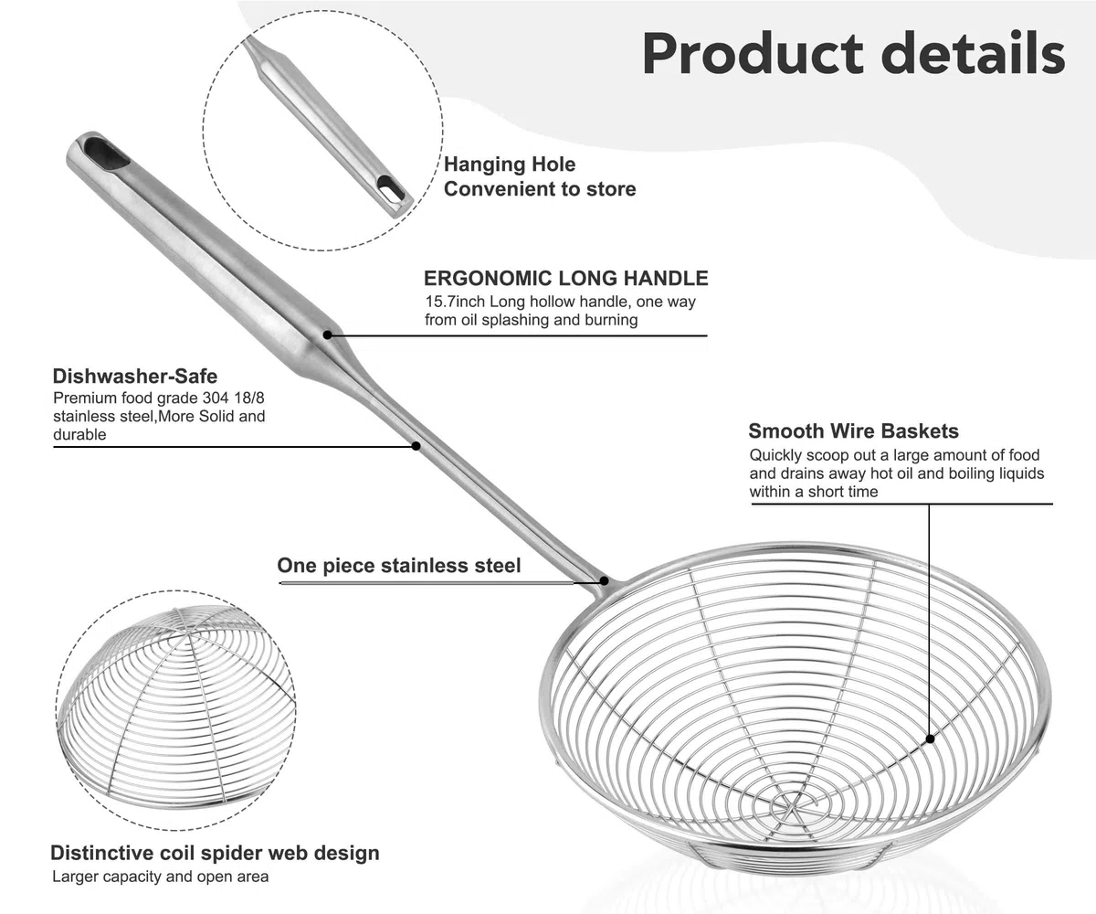 Colador de araña de acero inoxidable 304 para cocinar y freír, utensilios de cocina, colador de alambre, cuchara coladora de pasta, 5.4 pulgadas