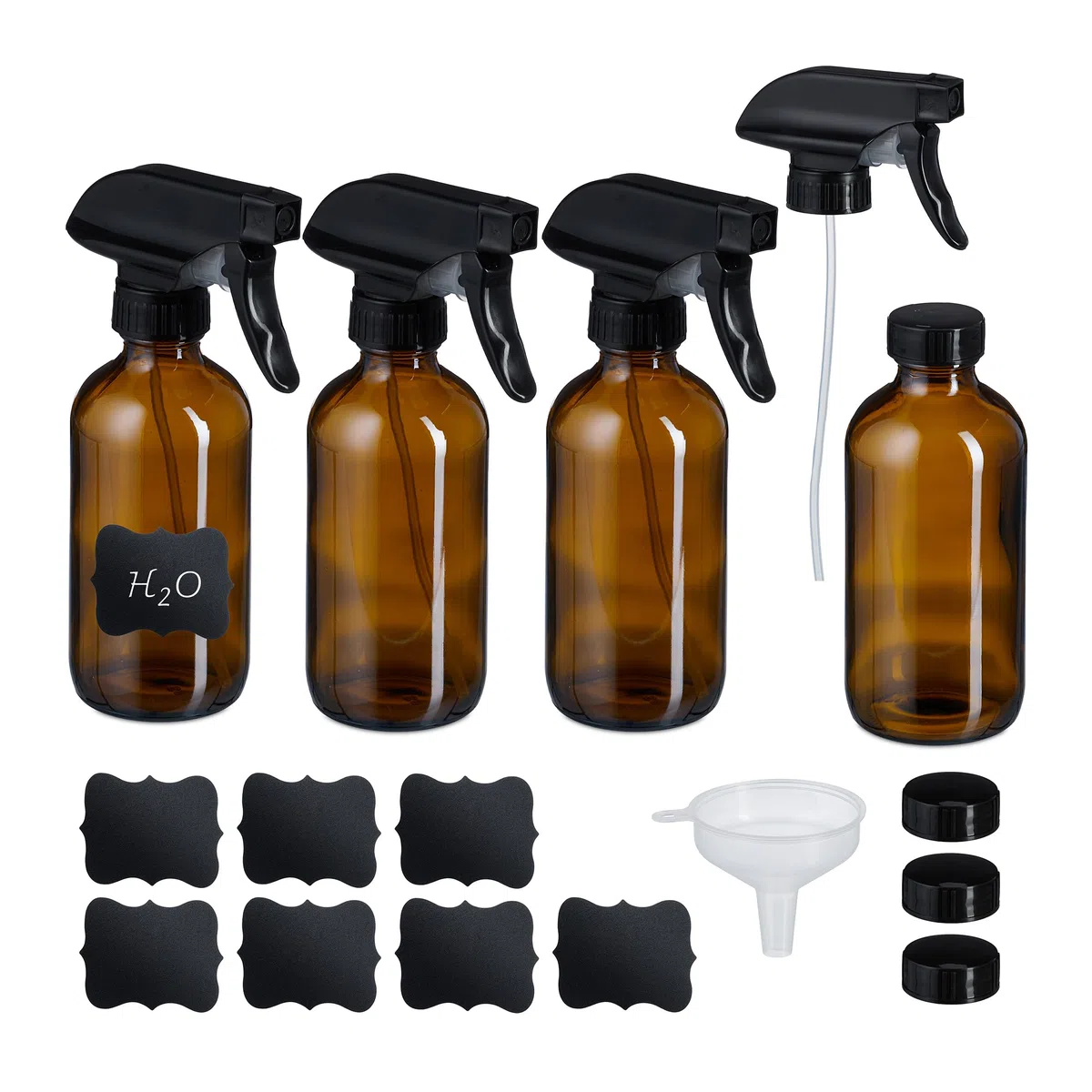 Relaxdays Pulverizador Agua Cristal, Set 4, 250 ml, Niebla, Chorro, Botella Spray Pelo, Limpieza, Plantas, Marrón/Negro