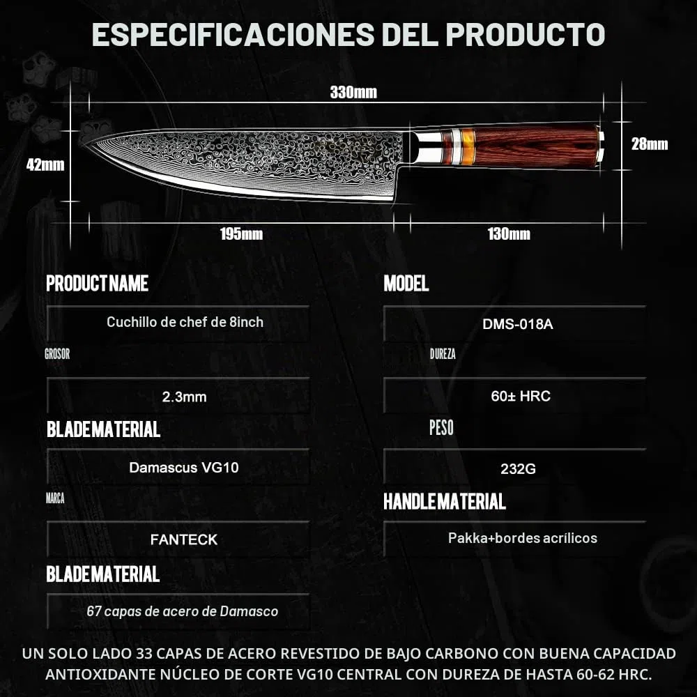Afilado Cuchillo de Damasco 20cm, FANTECK Japonés Cuchillo de Cocinero VG10 67 Capas de Acero, Cuchillo de Cocina Cuchillo Verduras Gyuto Cuchillo de Chef Damasco - Mango de Madera Pakkawood
