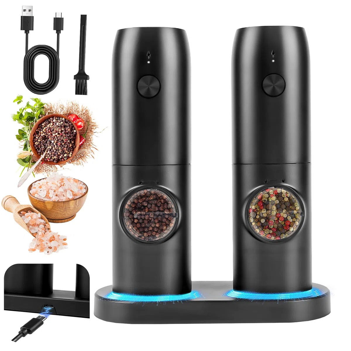 Juego de 2 molinillos de sal y pimienta eléctricos con base recargable, molinillo de especias con doble estación de carga, cepillo, luz LED blanca, molienda automática para barbacoa, restaurante,