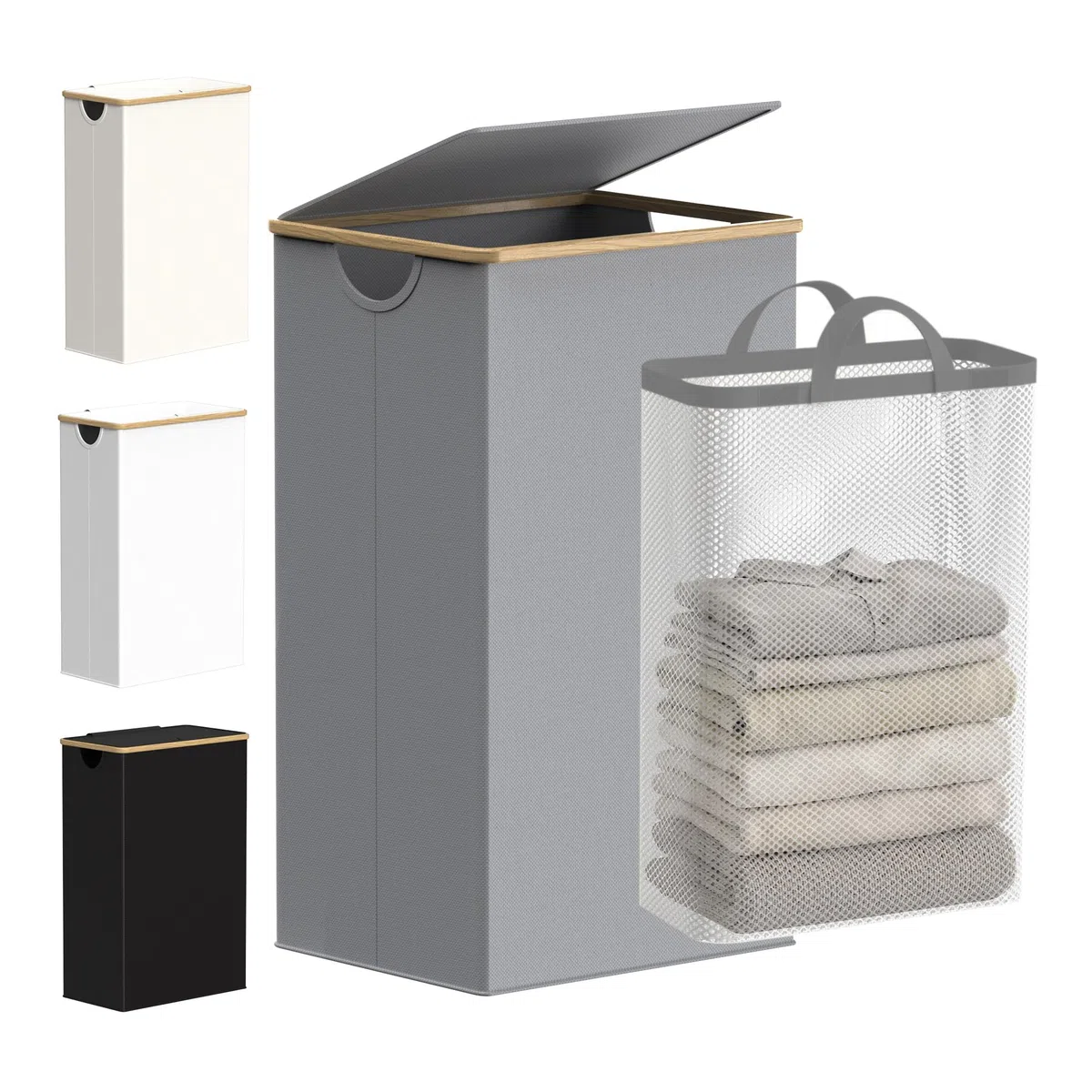 efluky Cesto Alto Grande de 100 L con Tapa y Asas de Bambú para Ropa sucia, Cubo Plegable laundry basket XXL con Bolsa Interior Gris