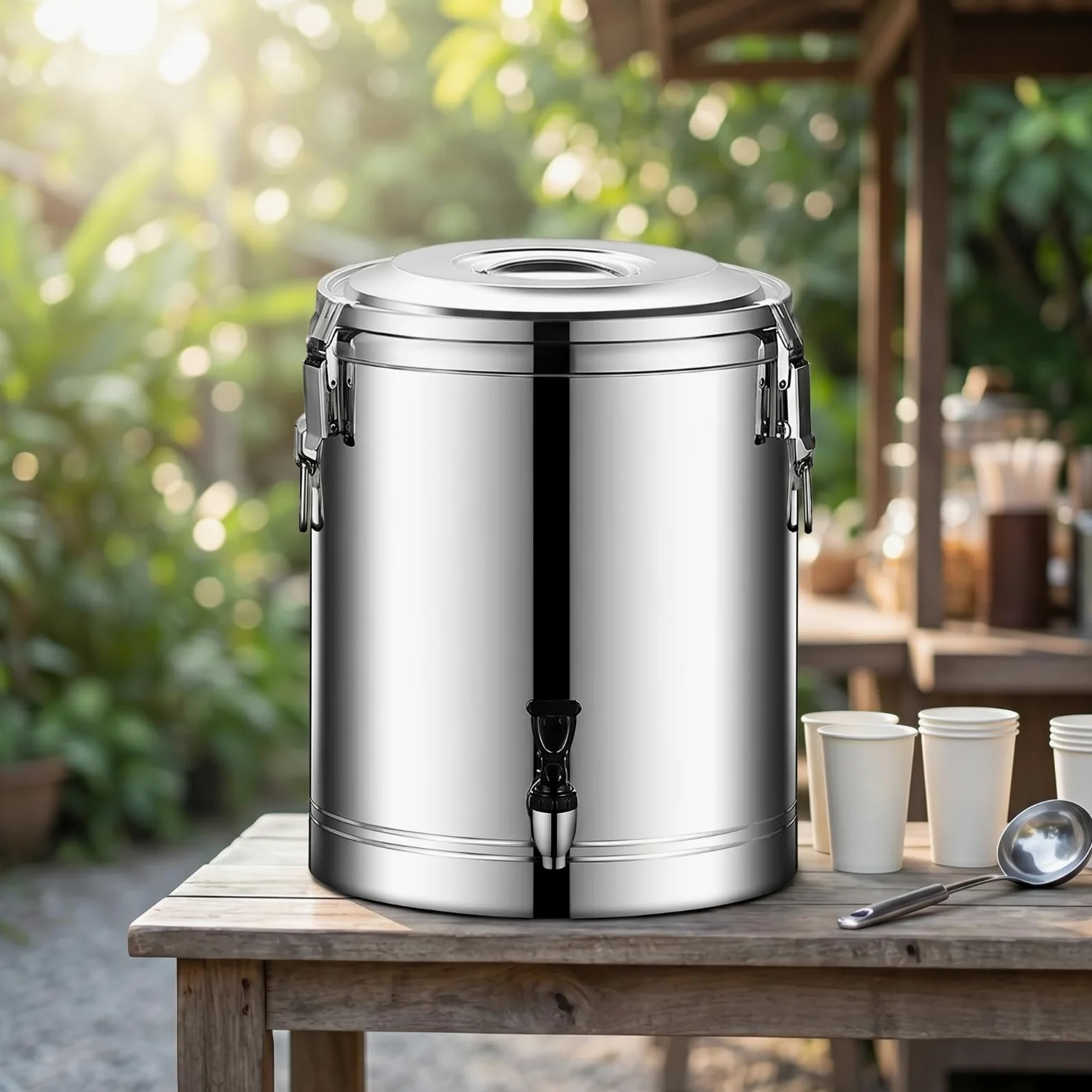 Cubo Térmico con Tapa Comercial Contenedor Isotérmico Acero Inoxidable Reutilizable Termo Industrial para Restaurantes, Bufés, 50L, Con Grifo