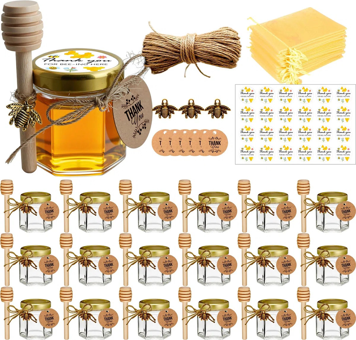 Paquete de 20 mini tarros de miel hexagonales de 1,5 oz con cucharones de madera, tapas doradas, colgantes de abeja, yute, bolsas de regalo doradas, perfecto para baby shower, recuerdos de boda