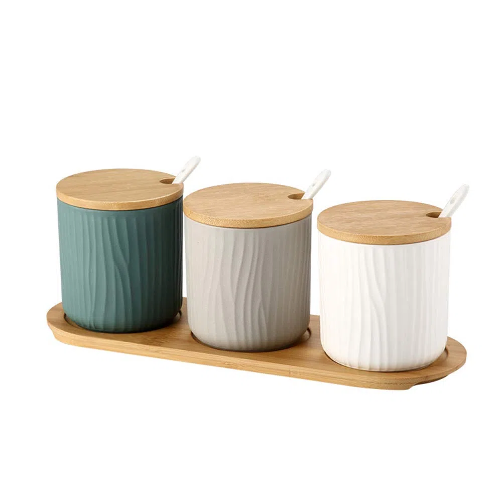 Juego de 3 Tres Colores Azucarero, azucarero de cerámica azúcar Pot con Tapa de bambú y Cuchara, Cocina