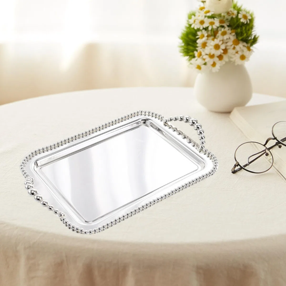 Bandeja Rectangular para Servir, Bandeja Decorativa, Elegante Bandeja para Taza de Té, Bandeja para Postres, Bandeja para Joyas, Bandeja para Alimento, Argén, Individual