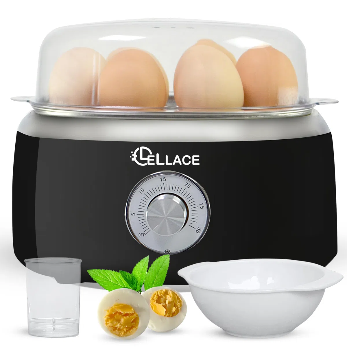 Cuece Huevos Eléctrico con Temporizador Manual y Alarma. Cocedor de 1 hasta 7 huevos para hacer Huevo Duro, Mollet o Pasados por Agua. Egg Boiler de 400W con Cuenco para huevo Poché. (NEGRO)
