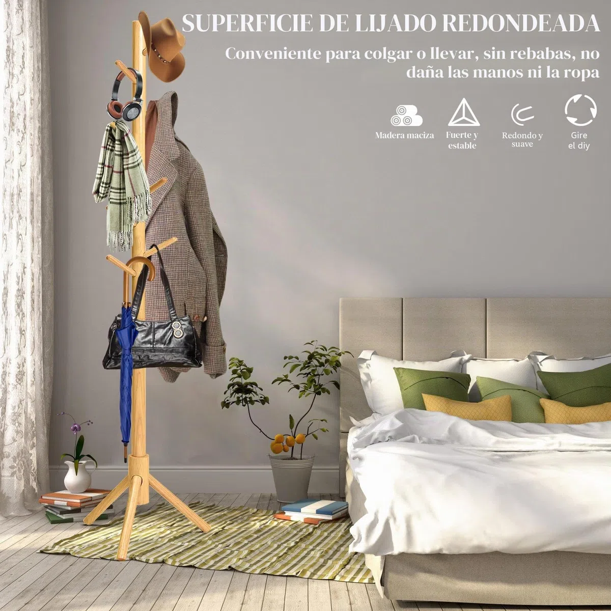 Perchero de Madera de Pino con 8 Ganchos + 6 Clips Inox – Perchero Moderno Ahorro de Espacio para Entrada, Dormitorio, Oficina (color primario)