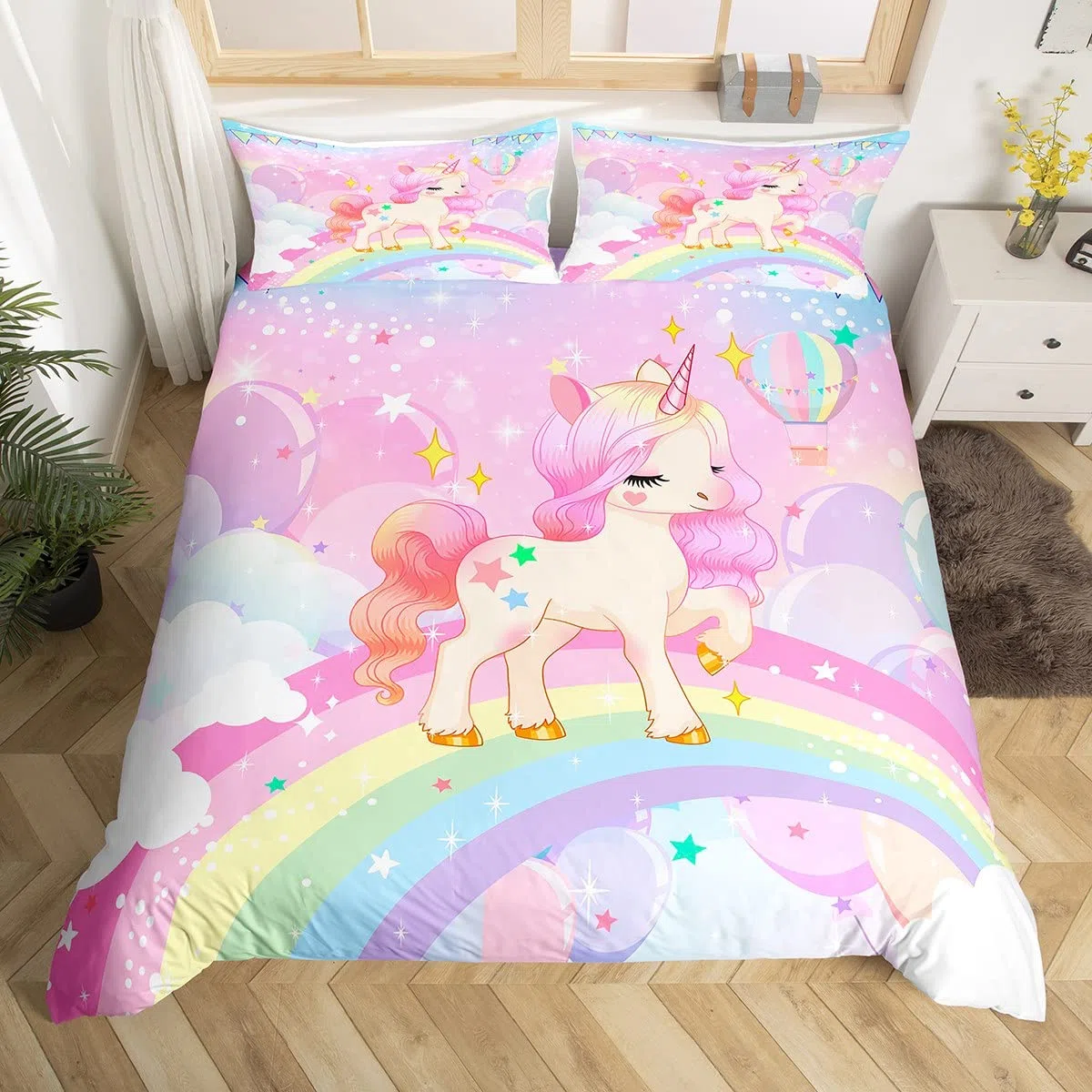 Loussiesd Juego de cama para niñas, diseño kawaii de unicornio y arcoíris, funda nórdica de dibujos animados, galaxia, estrellas, animales, 2 fundas de almohada, tamaño doble