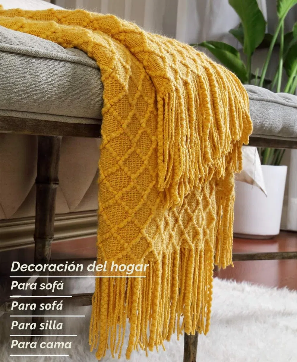 CREVENT - Manta Decorativa Tejida para el sofá, la Silla, la Cama o para Viajes, cálida, Ligera, Suave y cómoda, para Todas Las Estaciones, (127 X 152 cm, Color Amarillo Mostaza)