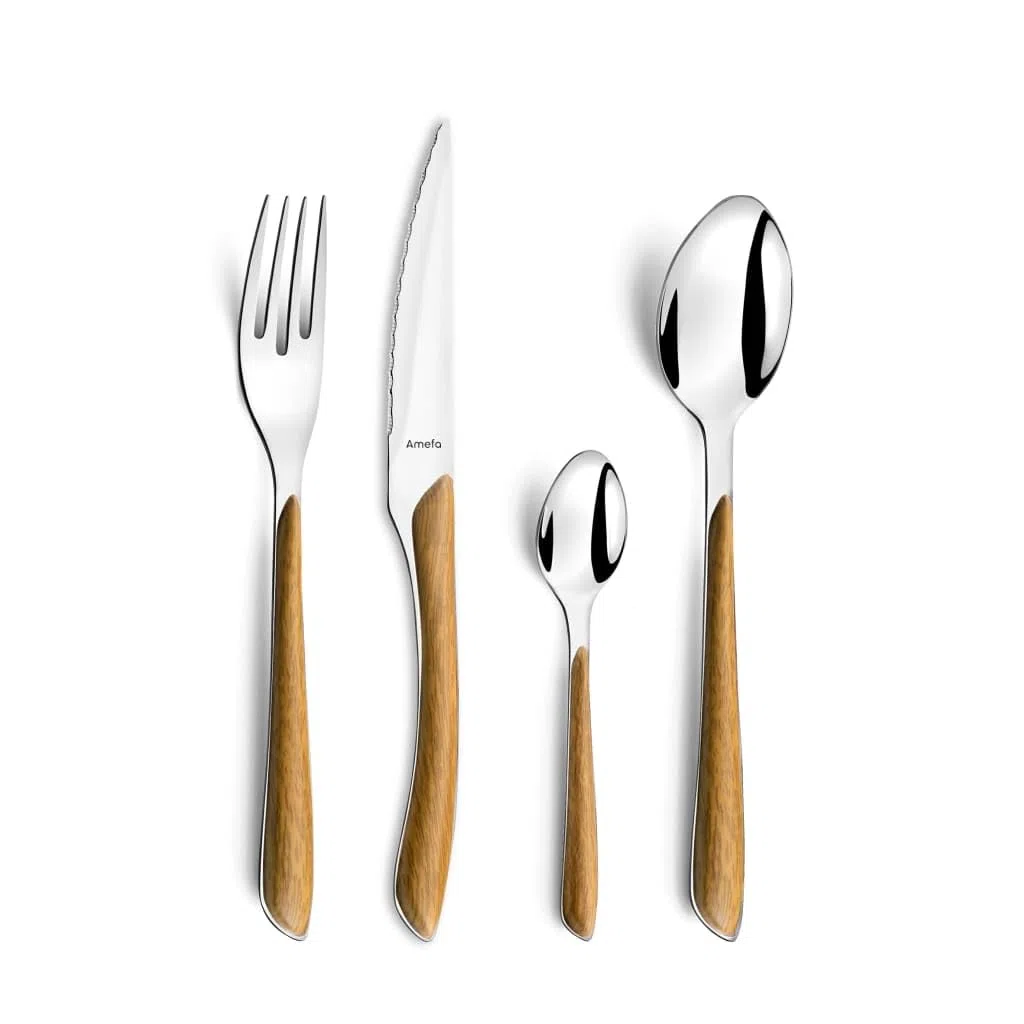 AMEFA ECLAT NATURE - Cubertería para 4 personas (aspecto de madera/marrón), 16 piezas, con vetas finas de acero inoxidable 18/0, inoxidable y pulido brillante, apto para lavavajillas, juego de