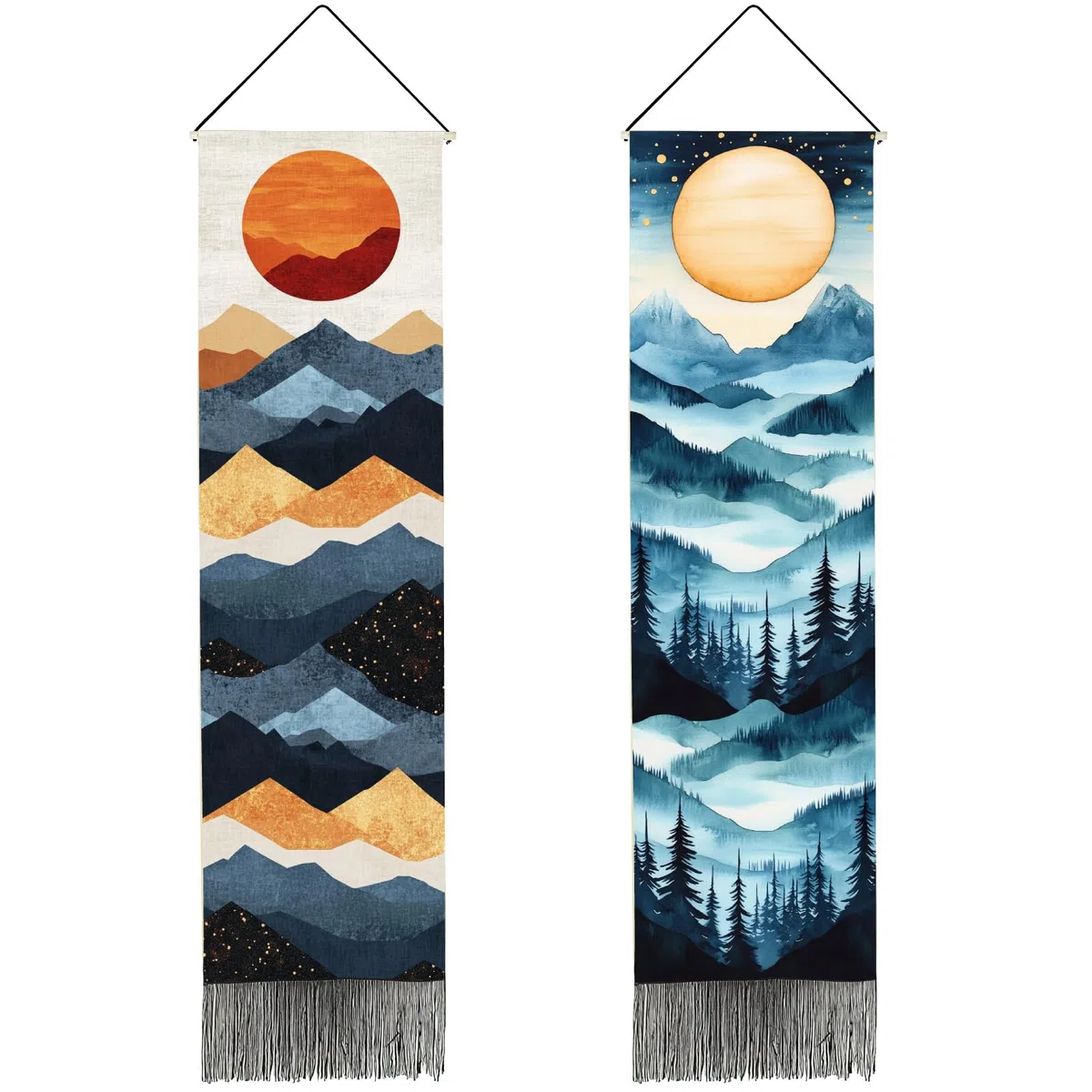 PRESSINART 2 piezas 2 estilos Tapiz Largo Boho Vertical Luna Montaña Tapiz Bosque Árbol Estética Naturaleza Paisaje Arte Borlas Negras Colgante de Pared para Decoración de Dormitorio Sala de Estar