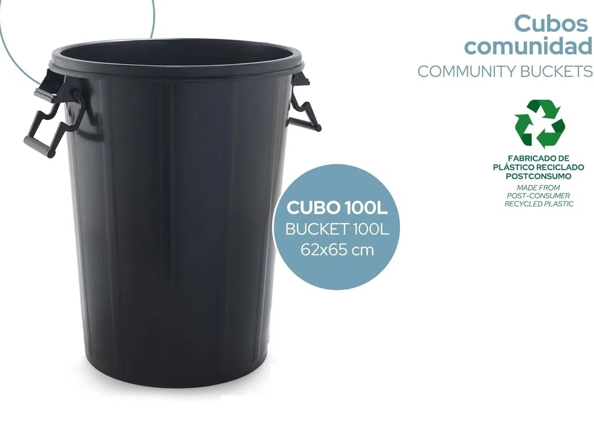 Cubo de Basura de 100 Litros con Asas Reforzadas, Plástico Resistente Negro, Ideal para Espacios Comunitarios, Jardines y Exteriores (Sin Tapa)