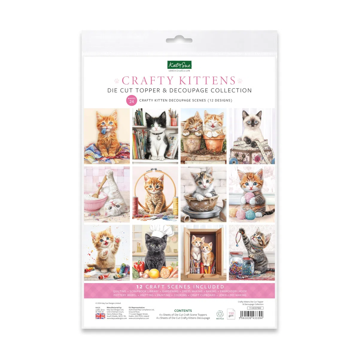 Katy Sue Crafty Kittens - Decoración de tarjetas troqueladas y colección de decoupage. 4 hojas de adornos de tarjetas con temática de gatitos y gatos y 4 hojas de decoupage troquelado a juego para