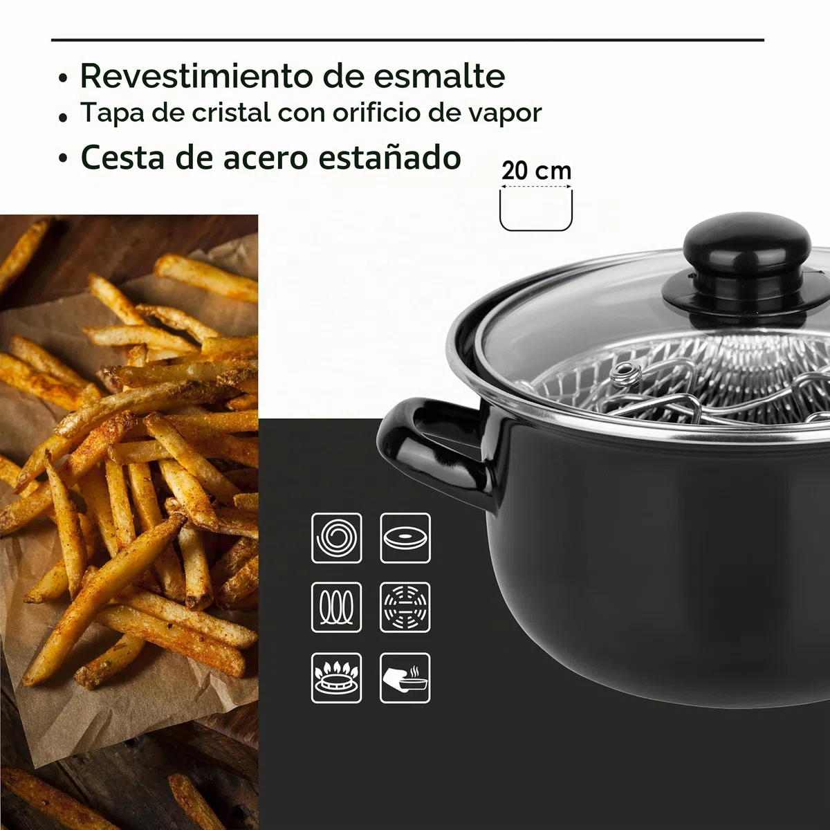 Crealys 545412 - Freidora tradicional de acero esmaltado (20 cm de diámetro, incluye cesta estañada + tapa de cristal, incluye inducción