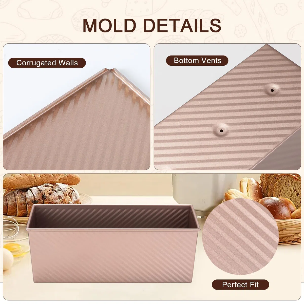 VINATO Molde Pan Horno, (32x12x11.5CM) Dimensiones Grandes, PARA 1000 G DE MASA，De Acero Al Carbono, Molde Para Pan Con Tapa Antiadherente, Ideal Para Tostadas, Brotbackform