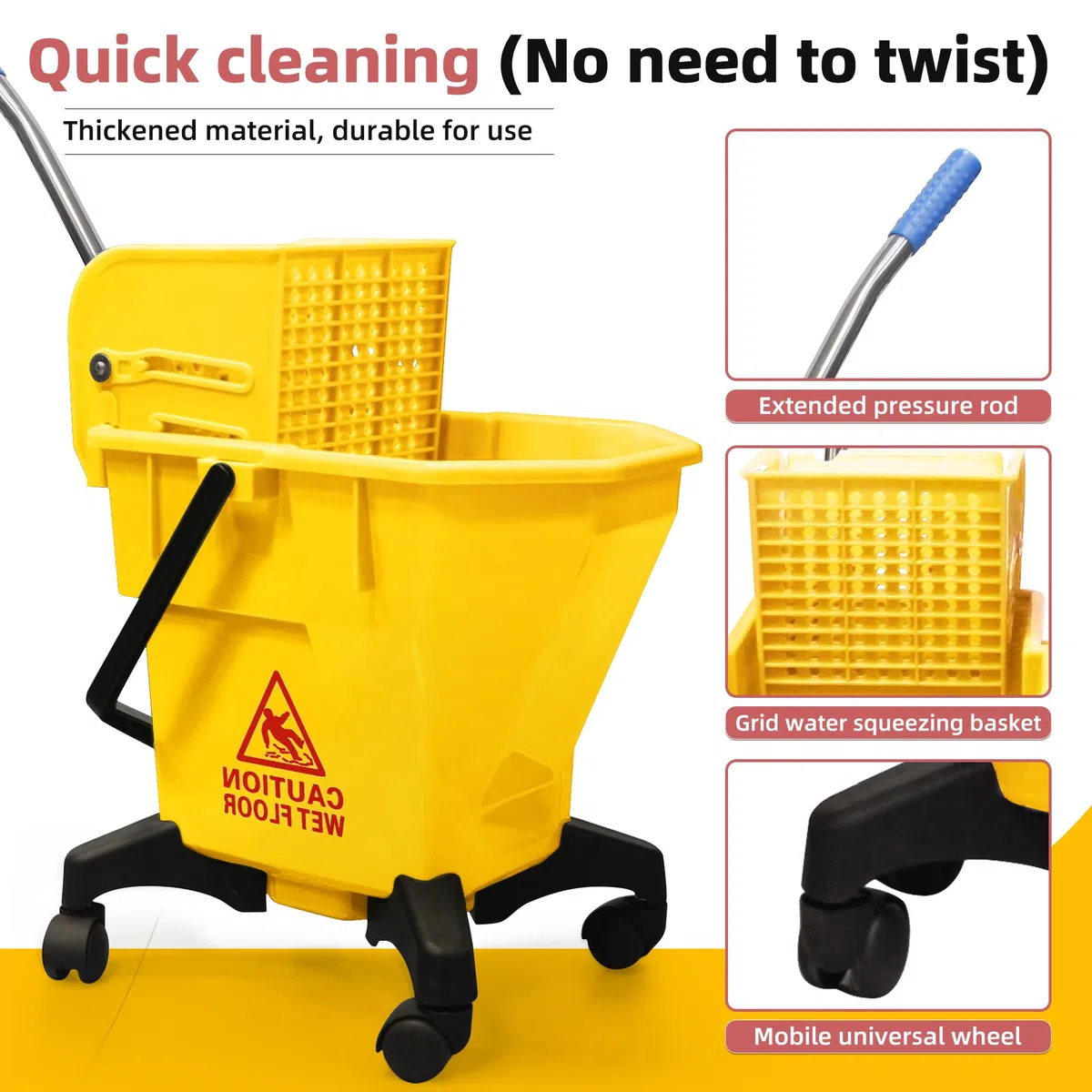 Cubo de fregona de 6.6 galones con escurridor, diseño sin punta y plástico resistente, sistema de fregona giratoria para suelos de madera dura, cubo individual que ahorra espacio (amarillo