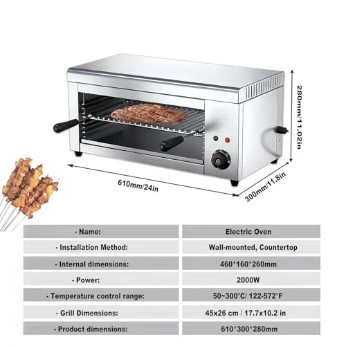 Horno de salamandra eléctrico comercial con control termostático, potencia de 2000 W, rejilla ajustable para cocinar perfectamente, para pizza, pollo asado y carne en cocinas profesionales