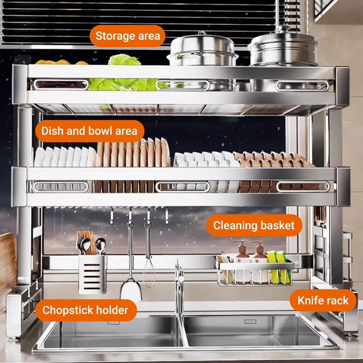 Escurridor de platos para colgar sobre el fregadero, acero inoxidable 304, organizador de múltiples platos de cocina, ahorro de espacio, para platos, vasos, cubiertos (una sola capa, 96 cm)