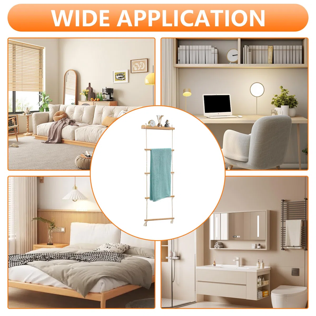 Escalera Toallero 5 Niveles, Toalleros Pared de Baño Estantería de Escalera Inclinada con Estante Escalera de Cuerda Escalera Decorativa Madera para Dormitorio Accesorios Baño