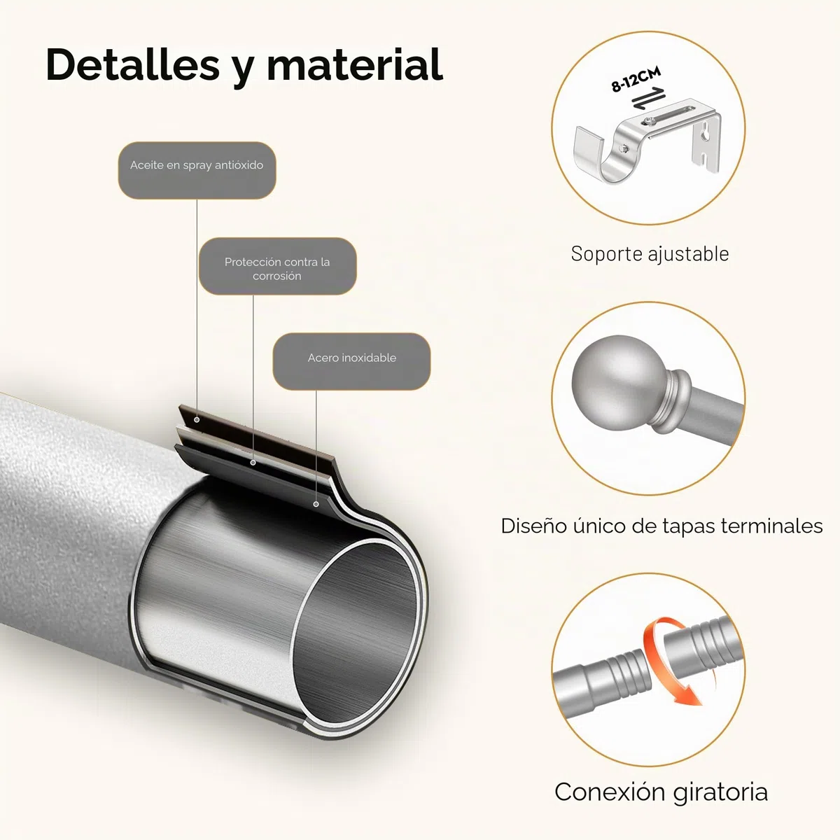 Barra de Cortina 3m con Extremos Redondos y Soporte, 67-307cm Barra Cortinas Moderna en Plata para Ventanas de Dormitorio y Salón