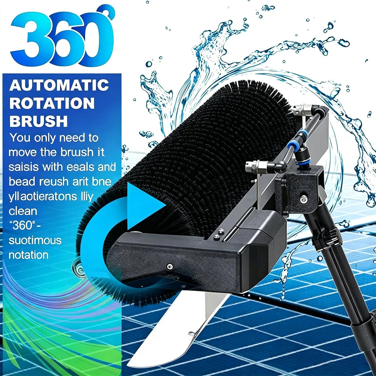 Palo Telescópico para Limpieza de Paneles Solares – 350rpm, Cepillo rotativo 60cm, 10m alimentación+Agua, asta Aluminio, Nylon HD – para Placas fotovoltaicas 7.5m-Oneset
