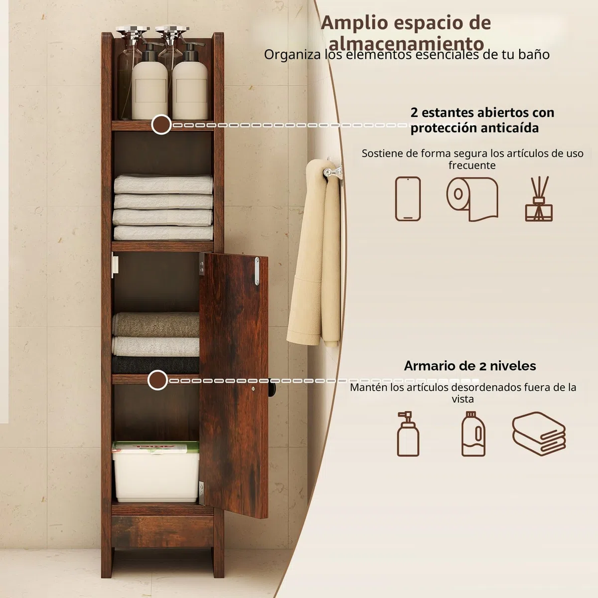 LIFEZEAL Armario de Almacenamiento para Cuarto de Baño Estrecho, Mueble de Esquina Compacto con Puerta Cerrada y Estantes Ajustables, Mueble de Almacenamiento (Marrón Rústico)