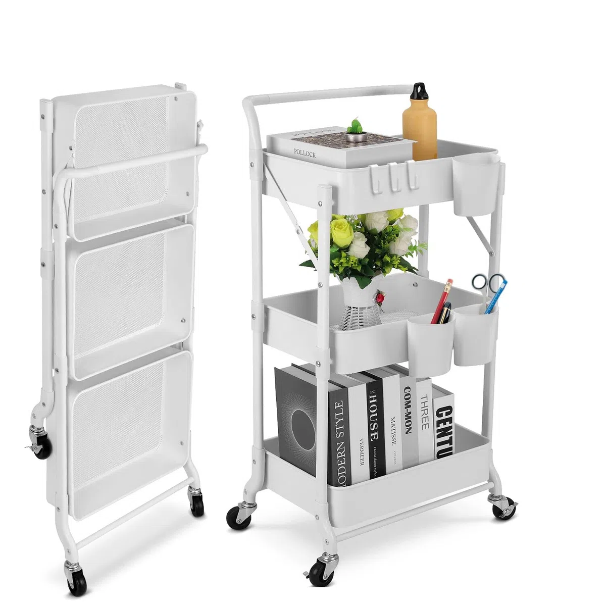 johgee Carrito Plegable de Metal de 3 Niveles, Plegable, multifunción, Organizador para el hogar, Biblioteca, Oficina (Plegable, Blanco)