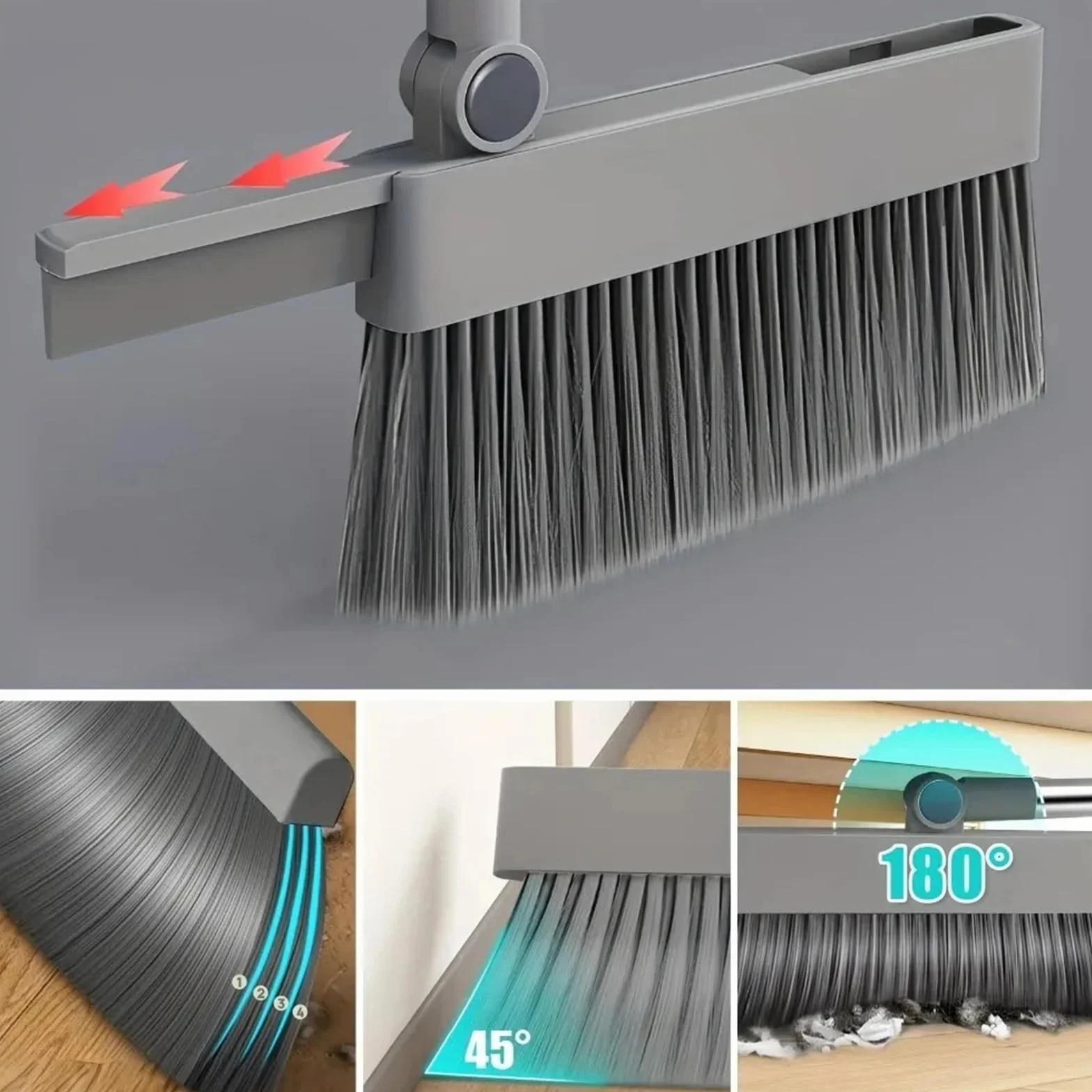 Juego De Escoba Y Recogedor Juego de Escoba y recogedor 4 en 1 Doble Uso for el hogar la Oficina con Cepillo Piso escobilla Goma Oculta for Limpieza Vidrio Grasa(Gray)