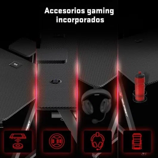 Tempest Sanctuary Mesa Gaming 160x75cm, Superficie Fibra de Carbono, RGB, Cargador Qi, USB Hub, Negra