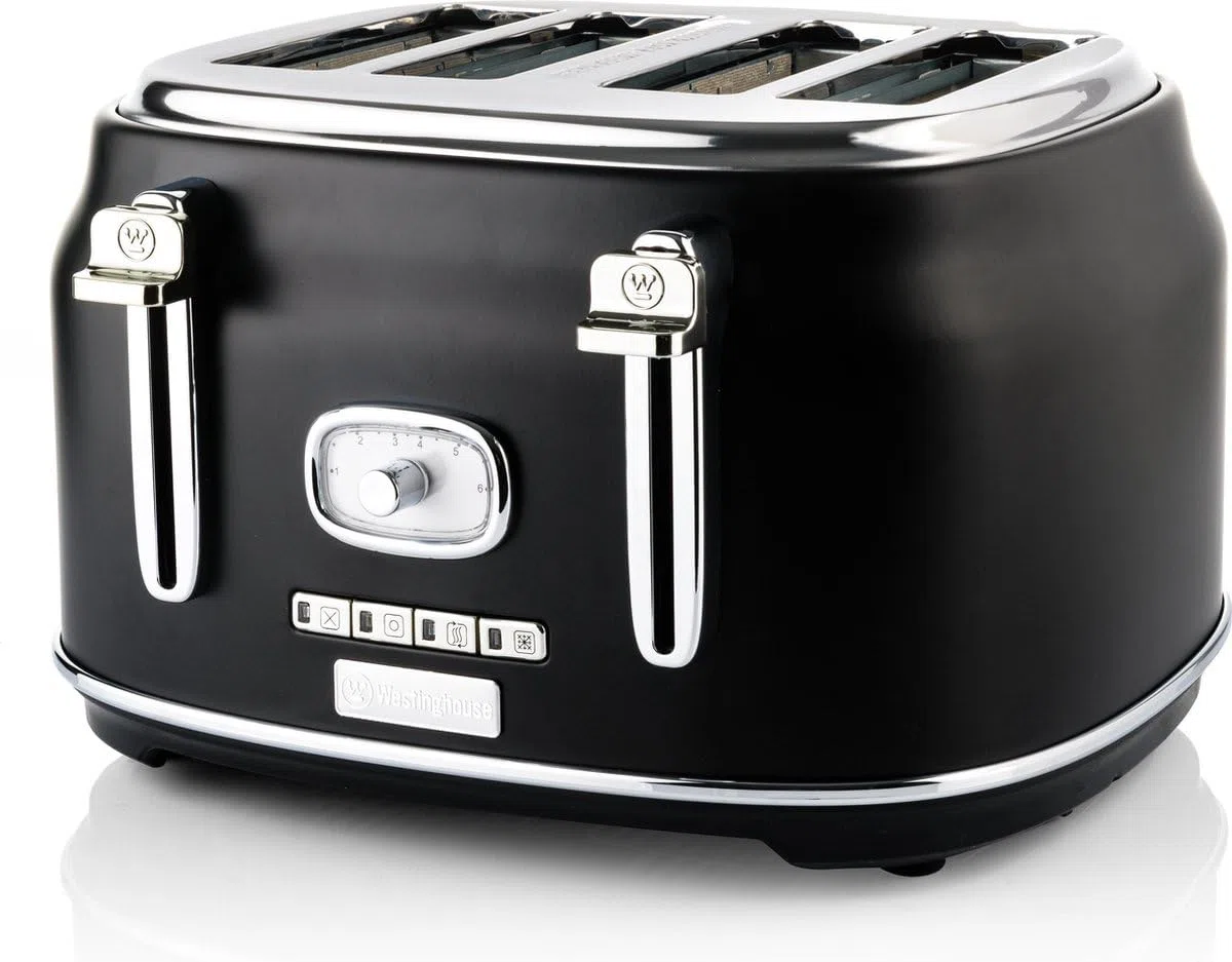 Tostadora Westinghouse Retro - 4 ranuras - Ranuras extra anchas - Rejilla para mantener el calor - 1750 W - Negro