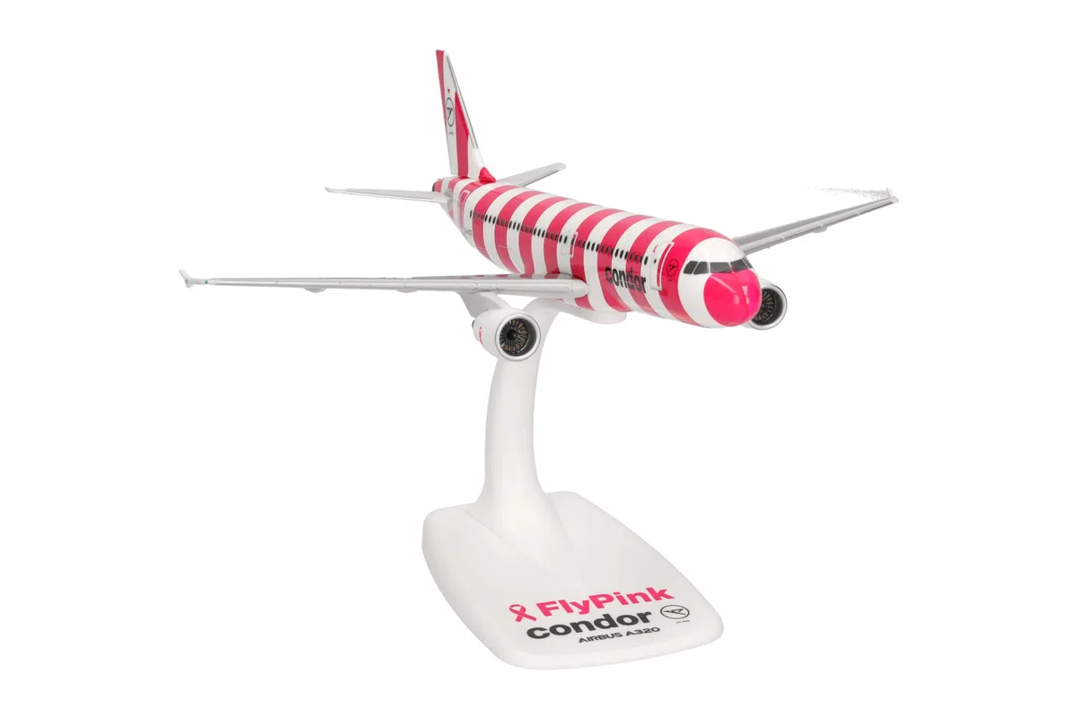 Herpa Miniatura del avión Condor Airbus A320 FlyPink Plane - Snap-Fit, Escala 1/200, Modelo prefabricado, maqueta de colección, modelismo, avión con Soporte, Figura plástico