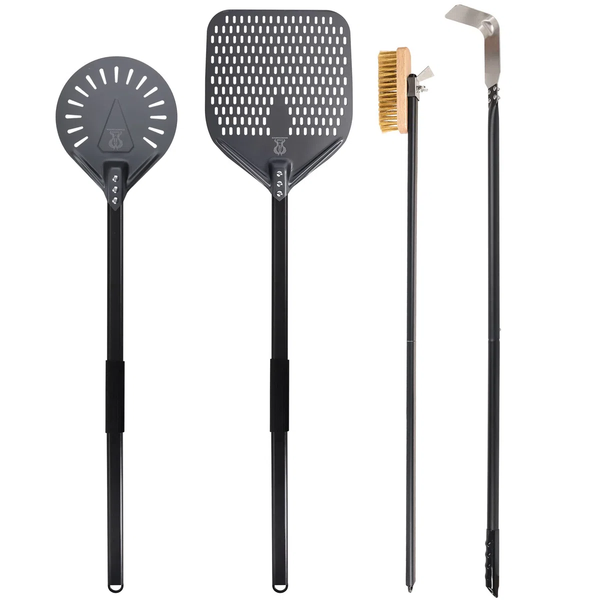 Pala giratoria de pizza de 9 pulgadas, cepillo perforado para pizza y cepillo para pizza, rastrillo de ceniza, juego de utensilios de horno de pizza comercial de leña con mango de