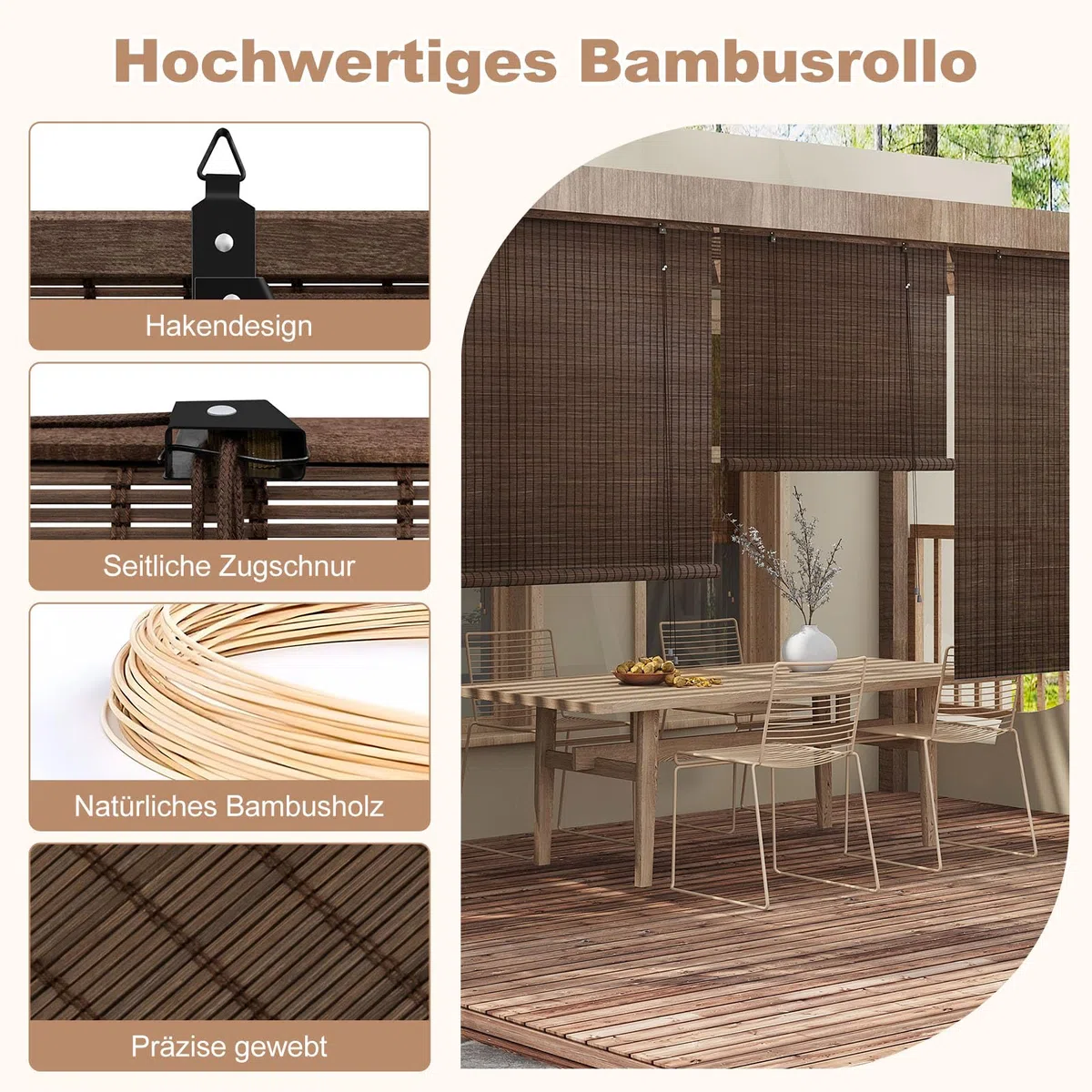 WOLTU Estores de Bambú, Persianas Enrollables para Exterior e Interior, Cortina de Bambú Natural, Estor Transpirable de Puertas o Ventanas, Protección Solar y Privacidad, Marrón Oscuro, 80x220 cm