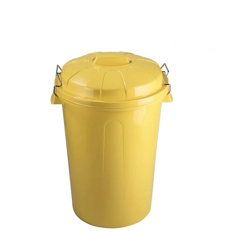Plastic Forte Cubo de basura de color amarillo de 100 litros de capacidad con tapa. Almacenaje de basura grande para hogar o industrial.