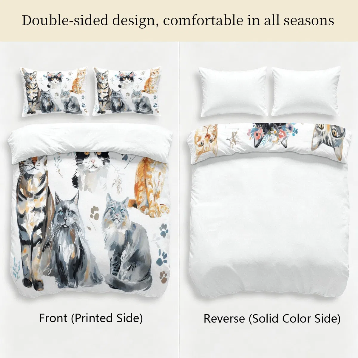 Juego de funda de edredón de tamaño King dibujado a mano con cremallera oculta, estampado de huellas de gato, microfibra con 2 fundas de almohada de 50 x 75 cm, reversible, transpirable