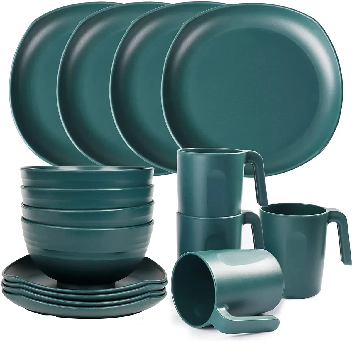 Greentainer Vajilla de PP | Vajilla combinada con 4 platos llanos, 4 platos de postre, 4 cuencos, 4 tazas para 4 personas, ligero e irrompible, 16 piezas para niños y adultos