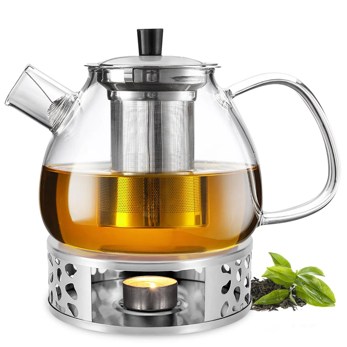 Tetera con calentador de 1500 ml, tetera de cristal con calentador de acero inoxidable, tetera de cristal, tetera con colador, de vidrio de borosilicato para preparar todo tipo de té