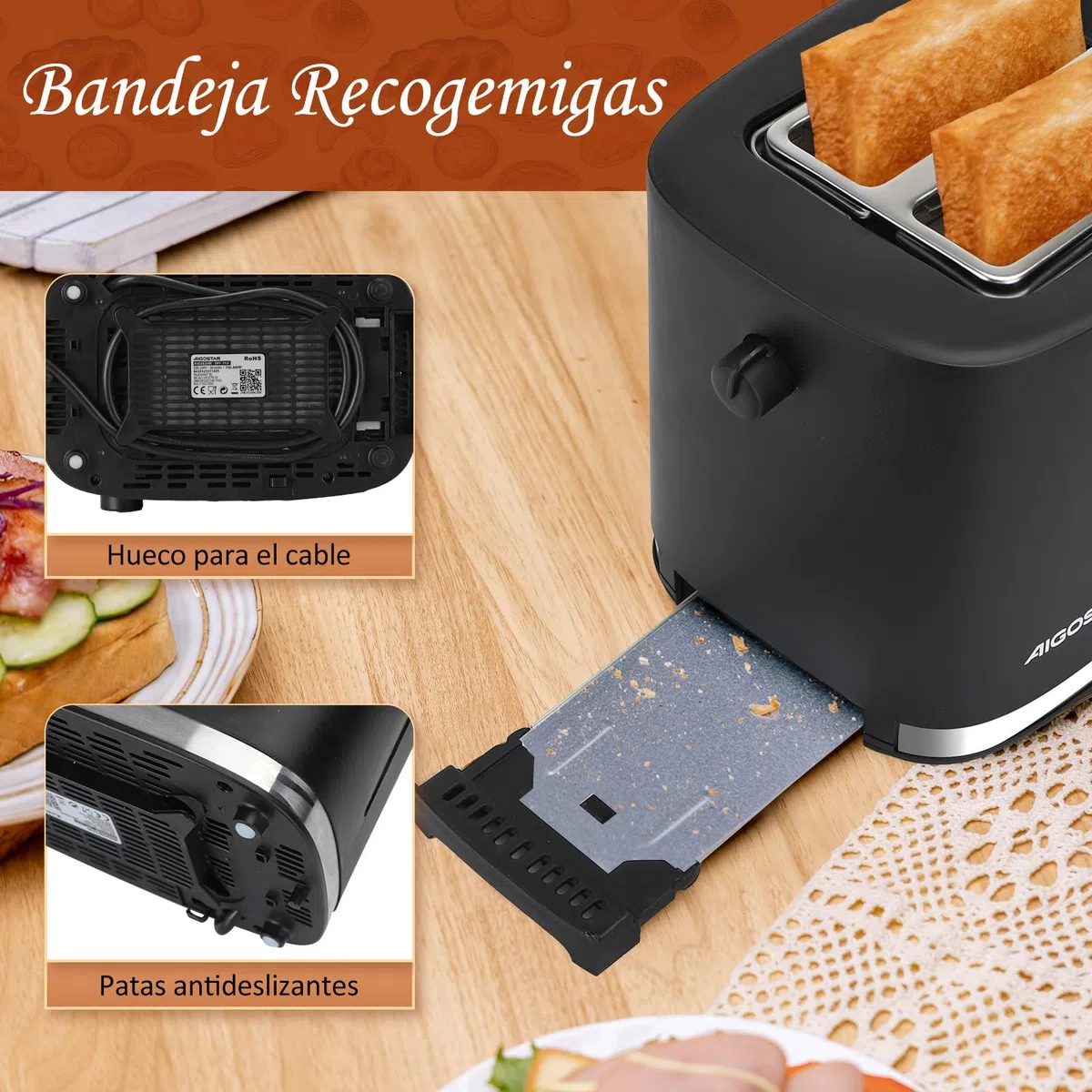 Aigostar Energy - Tostadora de 2 Ranuras con Rejilla Calientabollos Incorporada, Ranuras Extra Anchas, 6 Niveles de Tostado, 3 Funciones, Descongelación, Bandeja Recogemigas, Libre de BPA, Negro