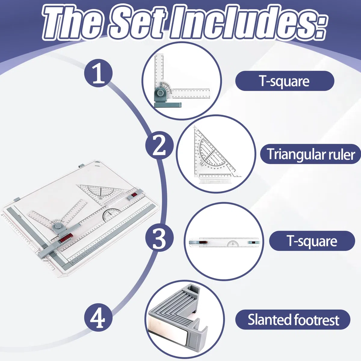 Tablero De Dibujo DIN A3, Con Regla Paralela Y Transportador Set De 6 Piezas Multifuncional Con Pinza Para Papel Regla Y Soporte Ajustable Para Dibujo Técnico Escuela Y Oficina