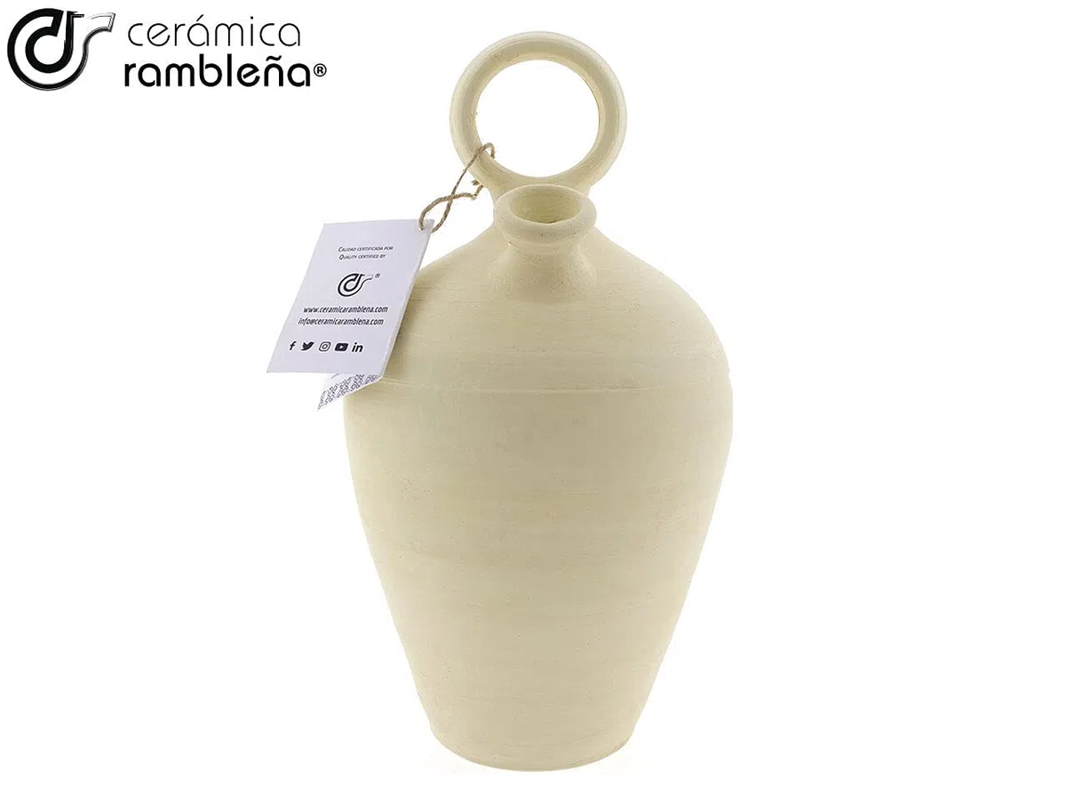 CERÁMICA RAMBLEÑA | Botijo de barro tradicional asa redonda base fina de La Rambla (Córdoba) | 100% Hecho a mano | 2.75 litros | ECO | Plato NO incluido