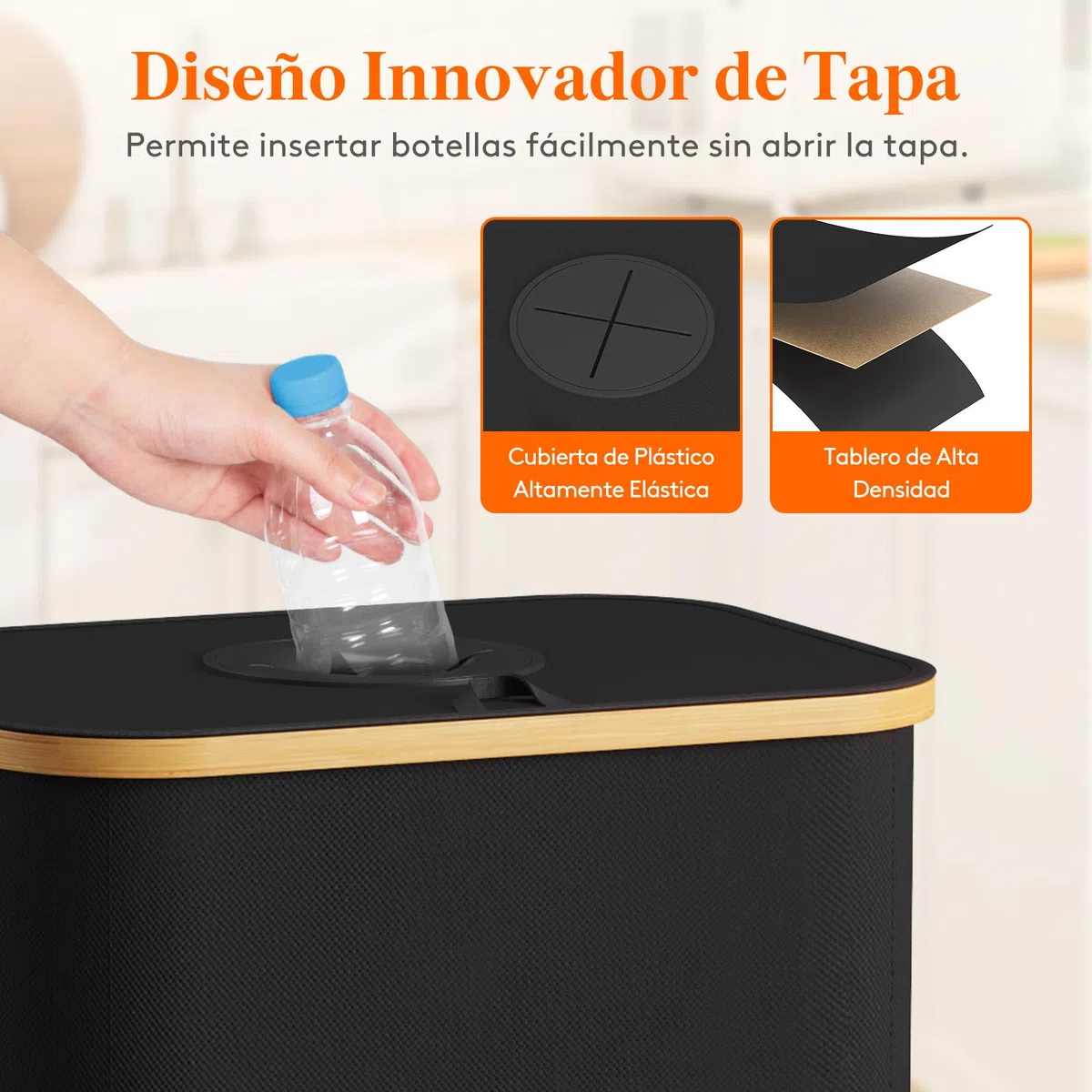 Lifewit Cubo de Reciclaje 100 L Portátil, Contenedor para Botellas de Vidrio y Plástico, Gran Papelera de Bambú para Reciclaje Selectivo, Negro
