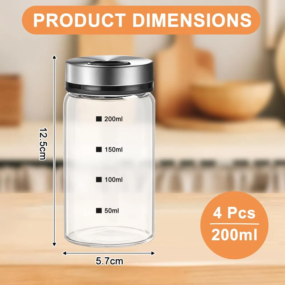 4 tarros de especias con tapa giratoria, 200 ml, salero y pimentero, tarros de especias con agujeros para especias, vidrio de borosilicato, para cocina, barbacoa, barbacoa y cocina
