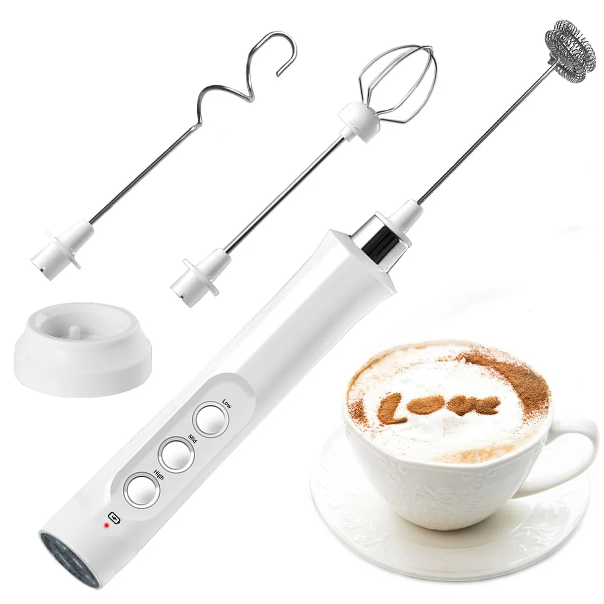 Espumador de Leche Eléctrico de Mano Moderno con 3 Velocidades, Incluye 3 Cabezales, Mini Batidora Blanca Recargable Para Espumar Café, Batir Huevos y Mezclar