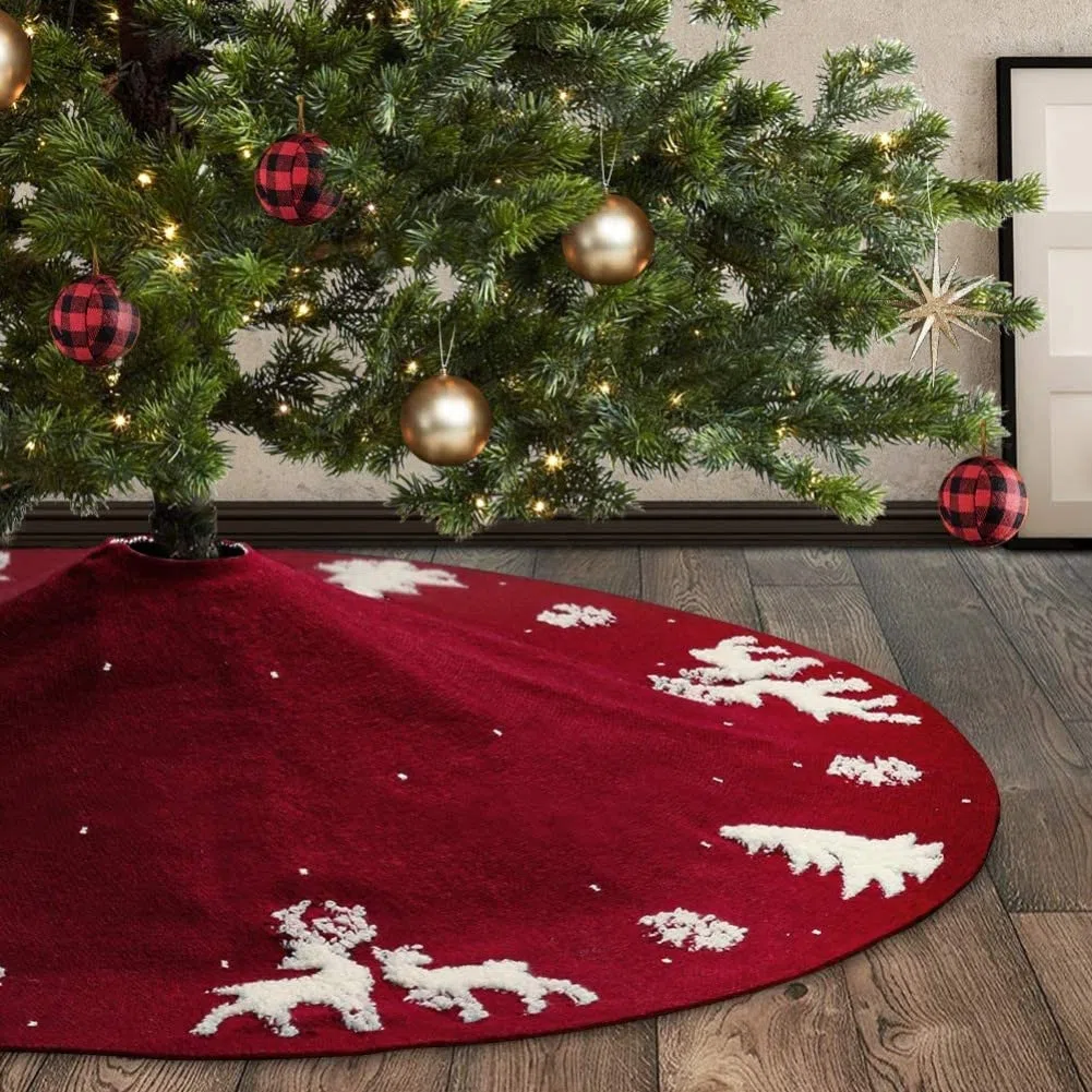 LATERN 3D Punto Falda de Árbol de Navidad, 122CM Falda de Árbol de Navidads Grande 100% Hecho a Mano Hilo de Lana Tejido Estera 3D Copo de Nieve Árbols de Navidad Cubierta de Árbols De Alce (Rojo)