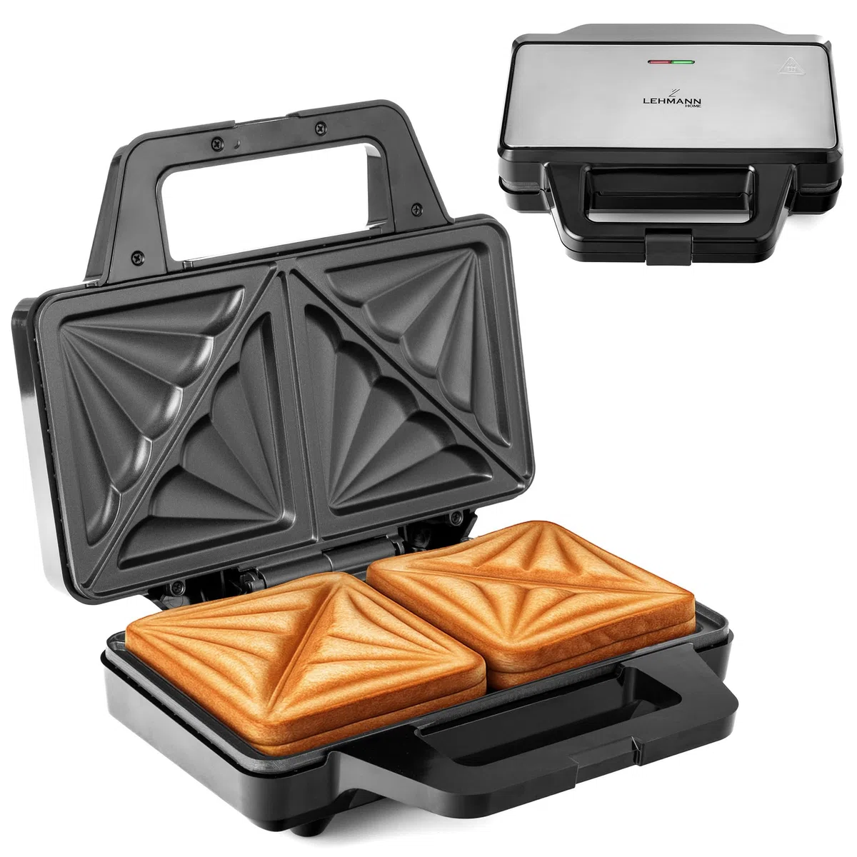 LEHMANN Sandwichera XXL - Placas Extra Grandes - Tostadora Sandwichera Grande - 2 Sándwiches Americanos en Forma de Concha - Revestimiento Antiadherente - Indicador de Listo - Limpieza Fácil, 1000W